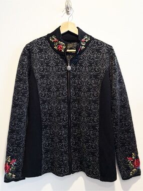 Icelandic Design || Full‎ Zip Embroidered Wool Cardigan Sweater Floral Black L